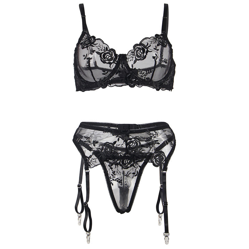 Comprar SUBBLIME Set De 3 Piezas Sujetador Tanga Liga Estampado Floral Negro SM – Conjunto Elegante Para Comodidad Y Estilo Diario-Noxtic