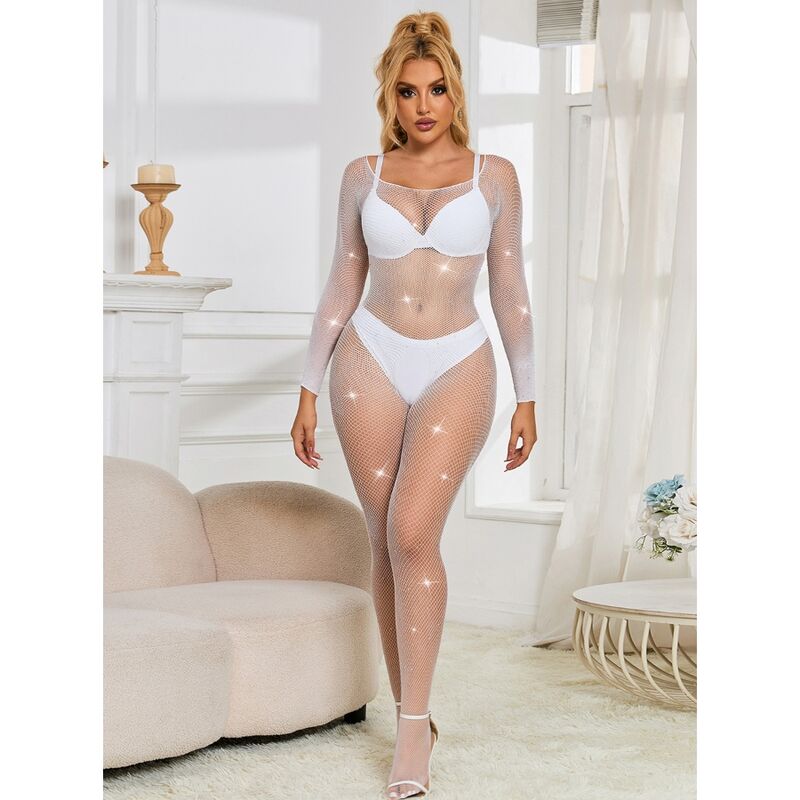 SUBBLIME - 952396 White Long-Sleeved Fishnet Bodystocking with Diamonds, One Size