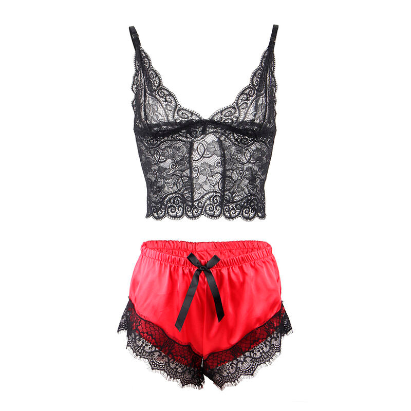 Comprar Subblime Pijama Sexy Satén Y Encaje Negro Rojo – Diseño Elegante Para Confort Y Estilo-Noxtic