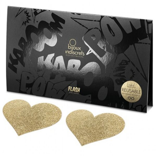 BIJOUX Indiscrets Pezoneras Flash Corazón Dorado – Decoraciones Reutilizables Con Brillos Deslumbrantes