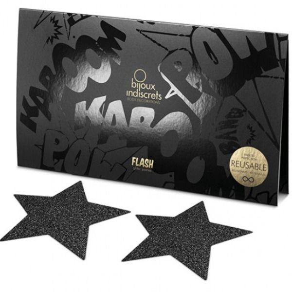 Comprar BIJOUX Indiscrets Pezoneras Flash Estrella Negro – Decoraciones Corporales Reutilizables Con Brillos Deslumbrantes-Noxtic