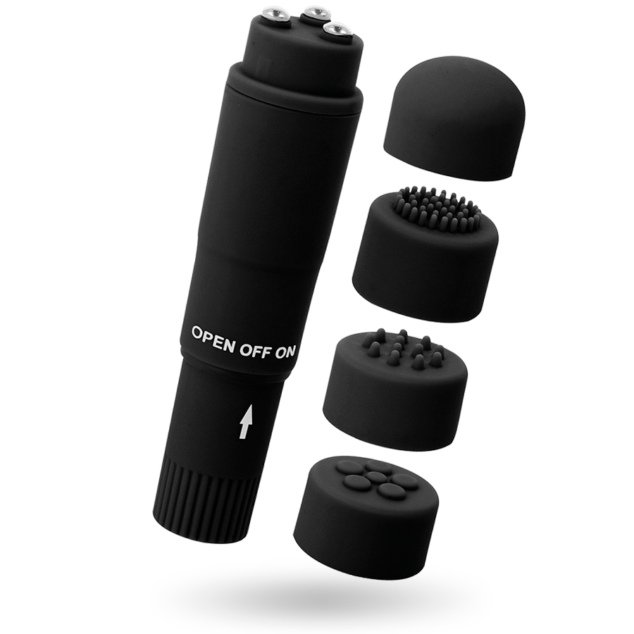 Comprar GLOSSY Pocket Kurt Negro – Mini Masajeador Con Cuatro Cabezas Intercambiables-Noxtic