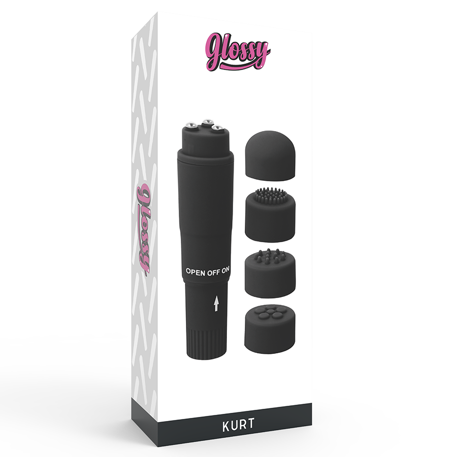 Comprar GLOSSY Pocket Kurt Negro – Mini Masajeador Con Cuatro Cabezas Intercambiables-Noxtic