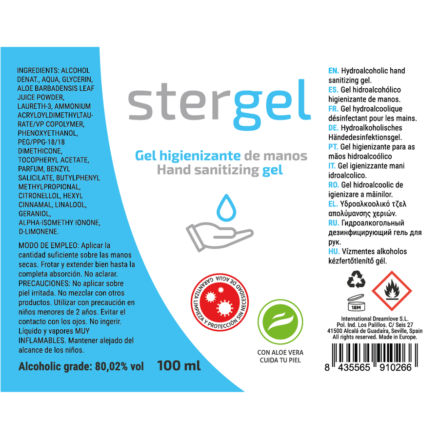 STERGEL Gel Hidroalcohólico Aloe Vera 100ml – Higienizante Efectivo Para Manos Con Fórmula Suave