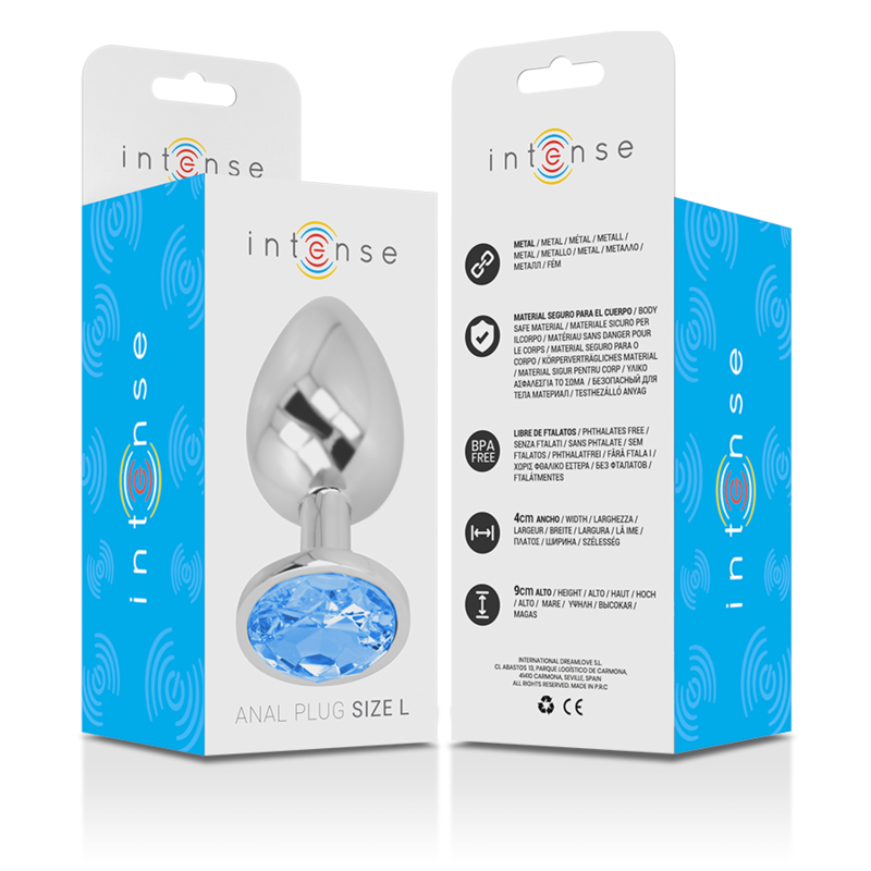 Plug anale INTENSE in metallo e alluminio con cristallo blu taglia L – Design elegante per un'esperienza di piacere unica