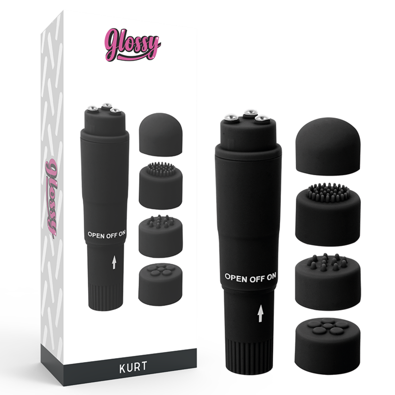 Comprar GLOSSY Pocket Kurt Negro – Mini Masajeador Con Cuatro Cabezas Intercambiables-Noxtic