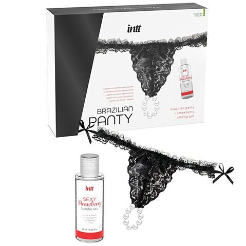 INTT Panty Brasileña Negra Con Perlas – Elegante Diseño Con Gel Lubricante A Base De Agua 50 Ml