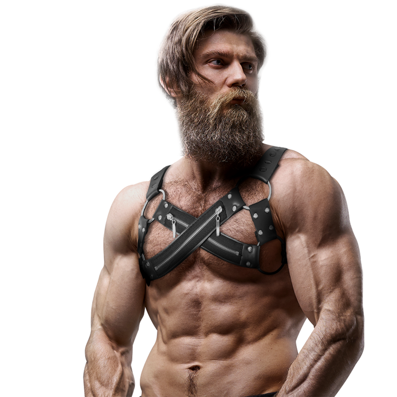 FETISH SUBMISSIVE ATTITUDE - ADJUSTABLE NEOPRENE CROSS-CHEEST BULLDOG HARNESS WITH ZIPPERS FOR MEN