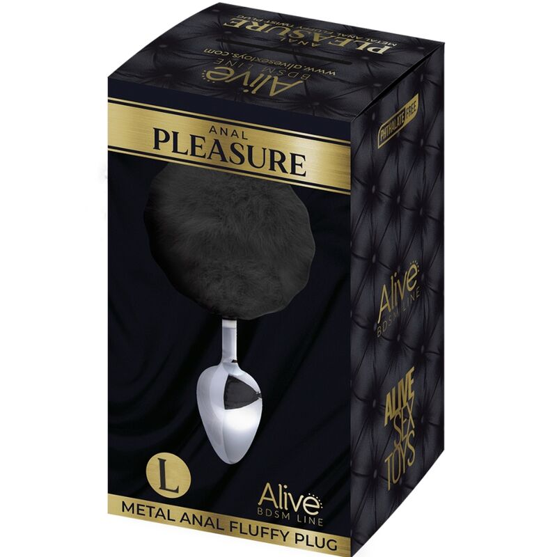 ALIVE Plug Anal Liso Metal Con Pompon Negro Talla L – Diseño Elegante Para Placer Sensorial