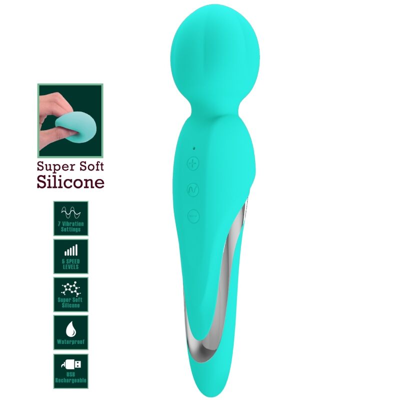 PRETTY LOVE Walter Aqua Green Wand Vibrator – Massaggiatore in morbido silicone con 7 funzioni di vibrazione