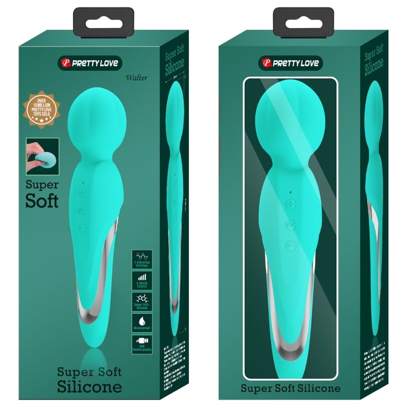 PRETTY LOVE Walter Aqua Green Wand Vibrator – Massaggiatore in morbido silicone con 7 funzioni di vibrazione