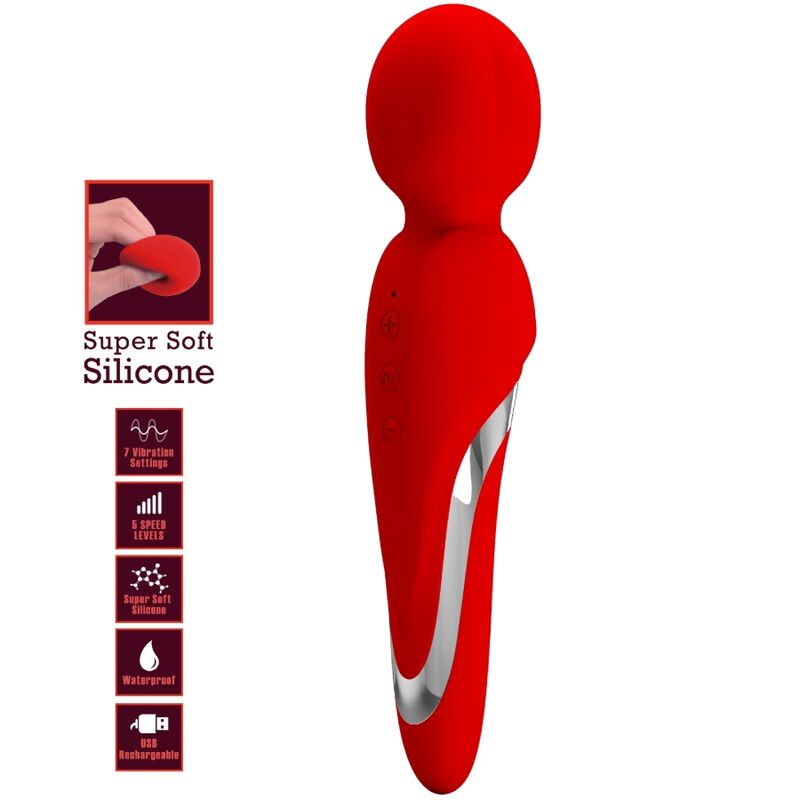 PRETTY LOVE Walter Vibrador Wand Rojo – Masajeador De Silicona Suave Con 7 Funciones De Vibración