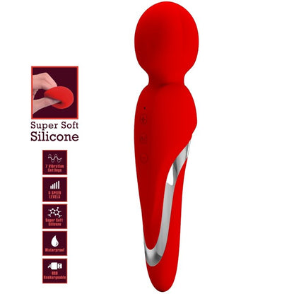 PRETTY LOVE Walter Vibrador Wand Rojo – Masajeador De Silicona Suave Con 7 Funciones De Vibración