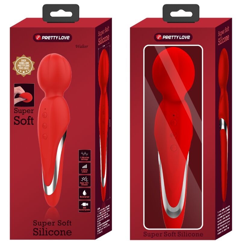 PRETTY LOVE Walter Vibrador Wand Rojo – Masajeador De Silicona Suave Con 7 Funciones De Vibración