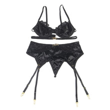SUBBLIME - 3-PIECE SET BRA + THONG + GARTER BLACK LACE S/M