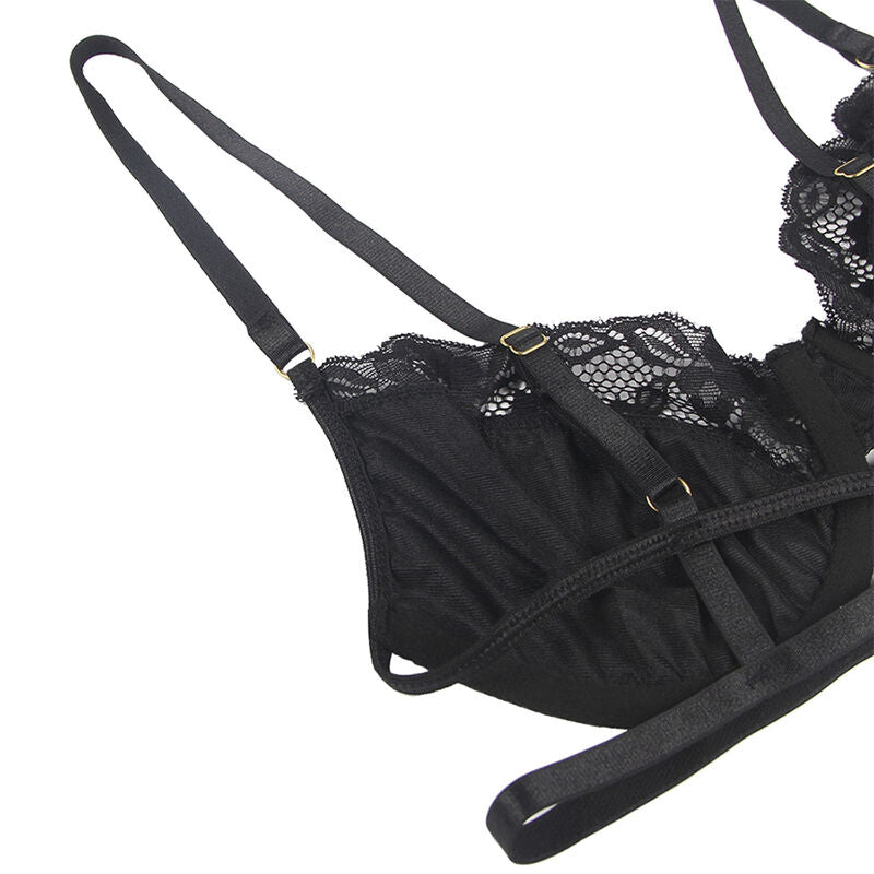 SUBBLIME Set 3 Pezzi Reggiseno Perizoma Giarrettiera Pizzo Nero SM – Completo Elegante per Esaltare la Tua Silhouette