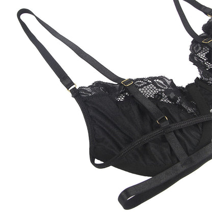 SUBBLIME Set 3 Pezzi Reggiseno Perizoma Giarrettiera Pizzo Nero SM – Completo Elegante per Esaltare la Tua Silhouette