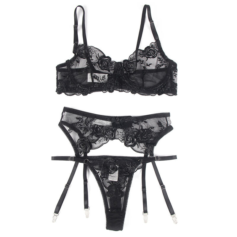 SUBBLIME Set De 3 Piezas Sujetador Tanga Liga Estampado Floral Negro SM – Conjunto Elegante Para Comodidad Y Estilo Diario