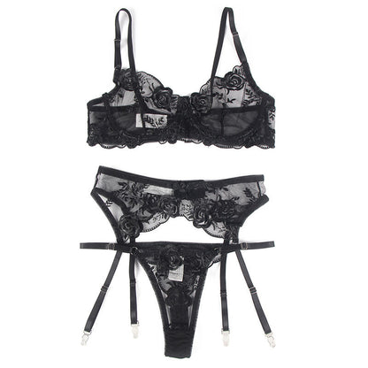 SUBBLIME Set De 3 Piezas Sujetador Tanga Liga Estampado Floral Negro SM – Conjunto Elegante Para Comodidad Y Estilo Diario
