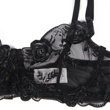 SUBBLIME - 3-PIECE SET BRA + THONG + GARTER BLACK FLORAL PRINT S/M