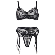 SUBBLIME - 3-PIECE SET BRA + THONG + GARTER BLACK FLORAL PRINT S/M