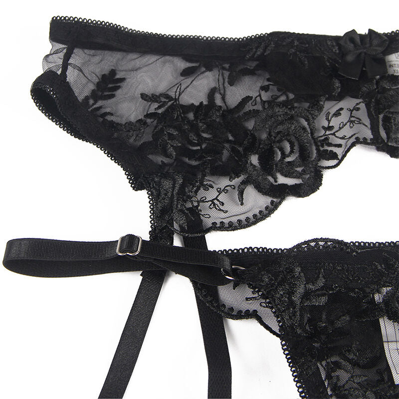 SUBBLIME Set De 3 Piezas Sujetador Tanga Liga Estampado Floral Negro SM – Conjunto Elegante Para Comodidad Y Estilo Diario