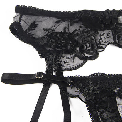 SUBBLIME Set De 3 Piezas Sujetador Tanga Liga Estampado Floral Negro SM – Conjunto Elegante Para Comodidad Y Estilo Diario