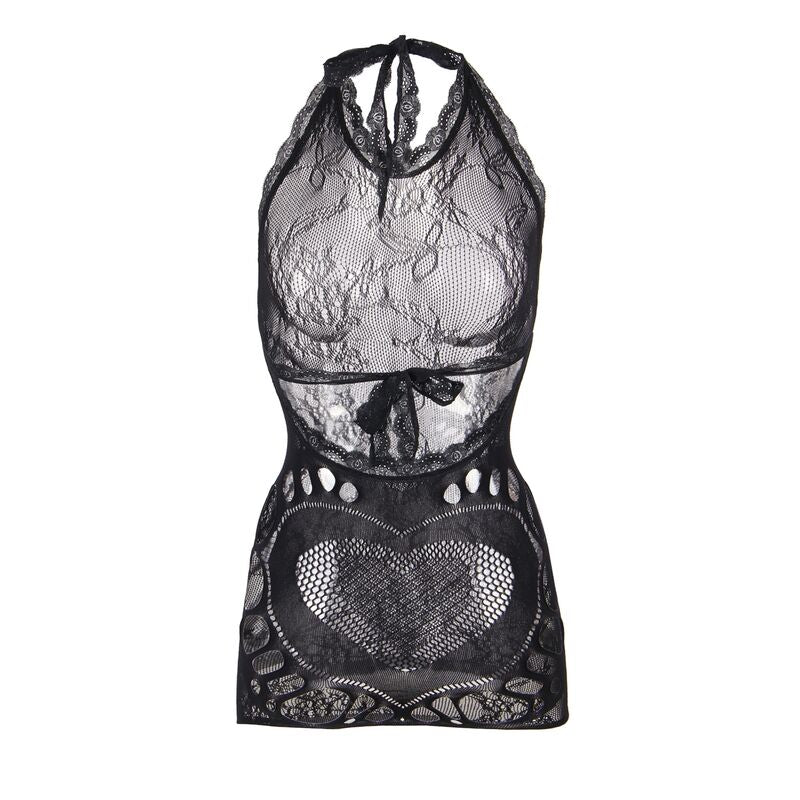 SUBBLIME - 952075 SHORT FISHNET DRESS WITH OPEN BACK AND HEART DETAIL BLACK ONE SIZE