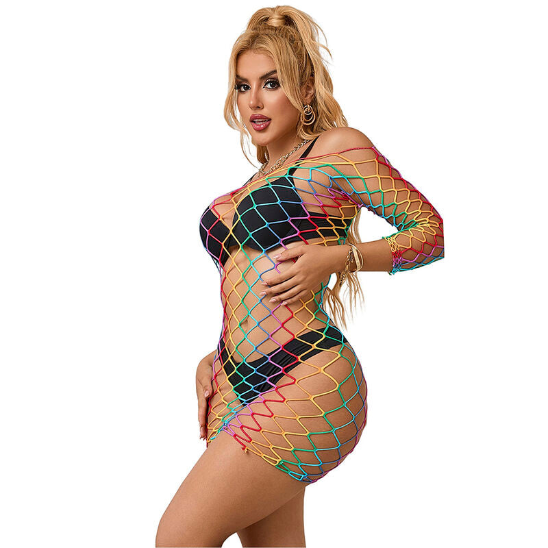 SUBBLIME - 952426 Rainbow Long-Sleeved Fishnet Dress, One Size
