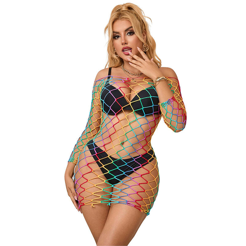 SUBBLIME - 952426 Rainbow Long-Sleeved Fishnet Dress, One Size