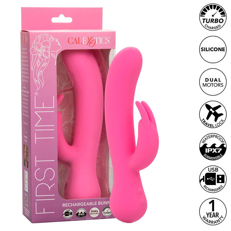 CALEXOTICS First Time Vibrador Rabbit Recargable Rosa – Experiencia De Doble Estimulación Con Diseño Elegante