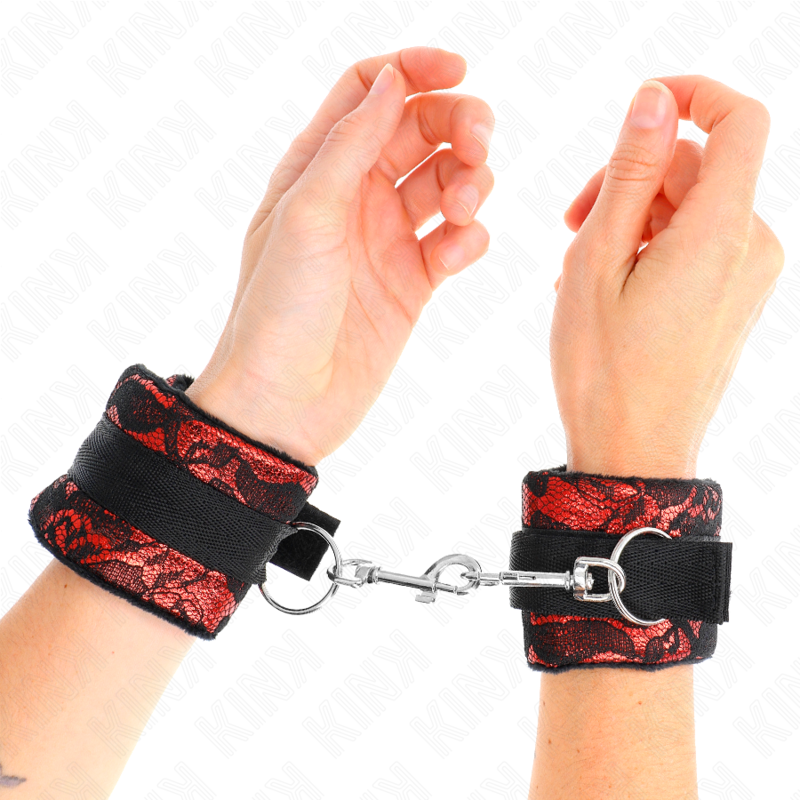 KINK - SHORT WRISTBANDS WITH VELVET LACE AND NYLON BINDING, RED/BLACK, 23 X 6.5 CM
