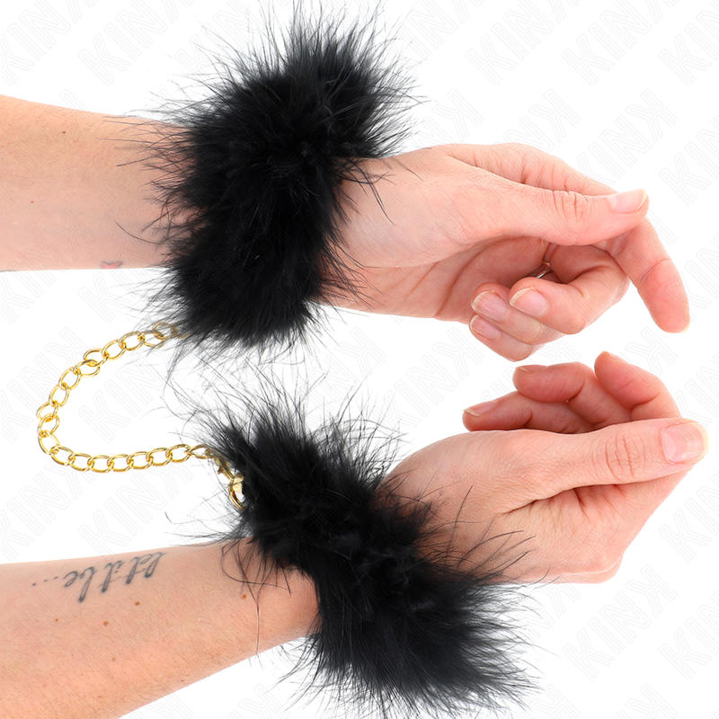 KINK - BLACK FEATHER HANDCUFFS WITH GOLD CHAIN ​​MODEL 2