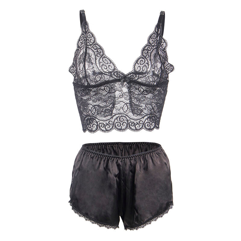 SUBBLIME - 953911 3-PIECE BLACK LACE AND SATIN SET S/M