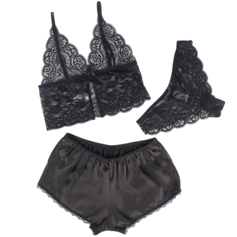 SUBBLIME - 953911 3-PIECE BLACK LACE AND SATIN SET S/M