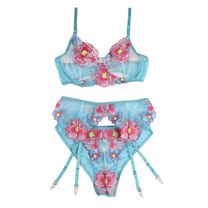 SUBBLIME - 954116 BRA + PANTIES WITH GARTER BELT BLUE FLORAL DESIGN L/XL