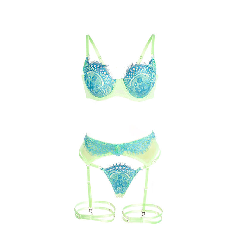 SUBBLIME - 955311 LACE BRA AND GARTER BELTS SET GREEN AND BLUE S/M
