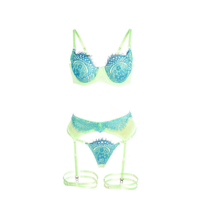 SUBBLIME - 955311 LACE BRA AND GARTER BELTS SET GREEN AND BLUE S/M