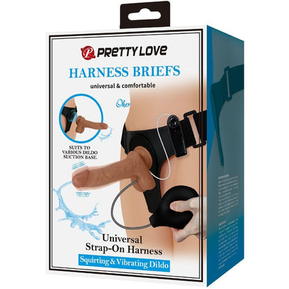 PRETTY LOVE - UNIVERSAL HARNESS BRIEFS WITH VIBRATING AND SQUIRTING DILDO 15.5 CM MULATTO