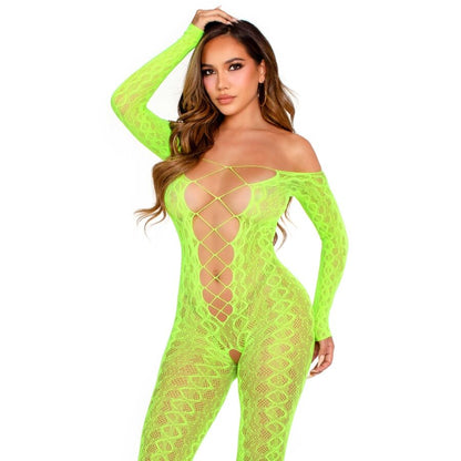 LEG AVENUE - BODYSTOCKING SIN ENTREPIERNA DE ENCAJE DE SERPIENTE EXÓTICA VERDE NEÓN