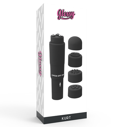 Comprar GLOSSY Pocket Kurt Negro – Mini Masajeador Con Cuatro Cabezas Intercambiables-Noxtic